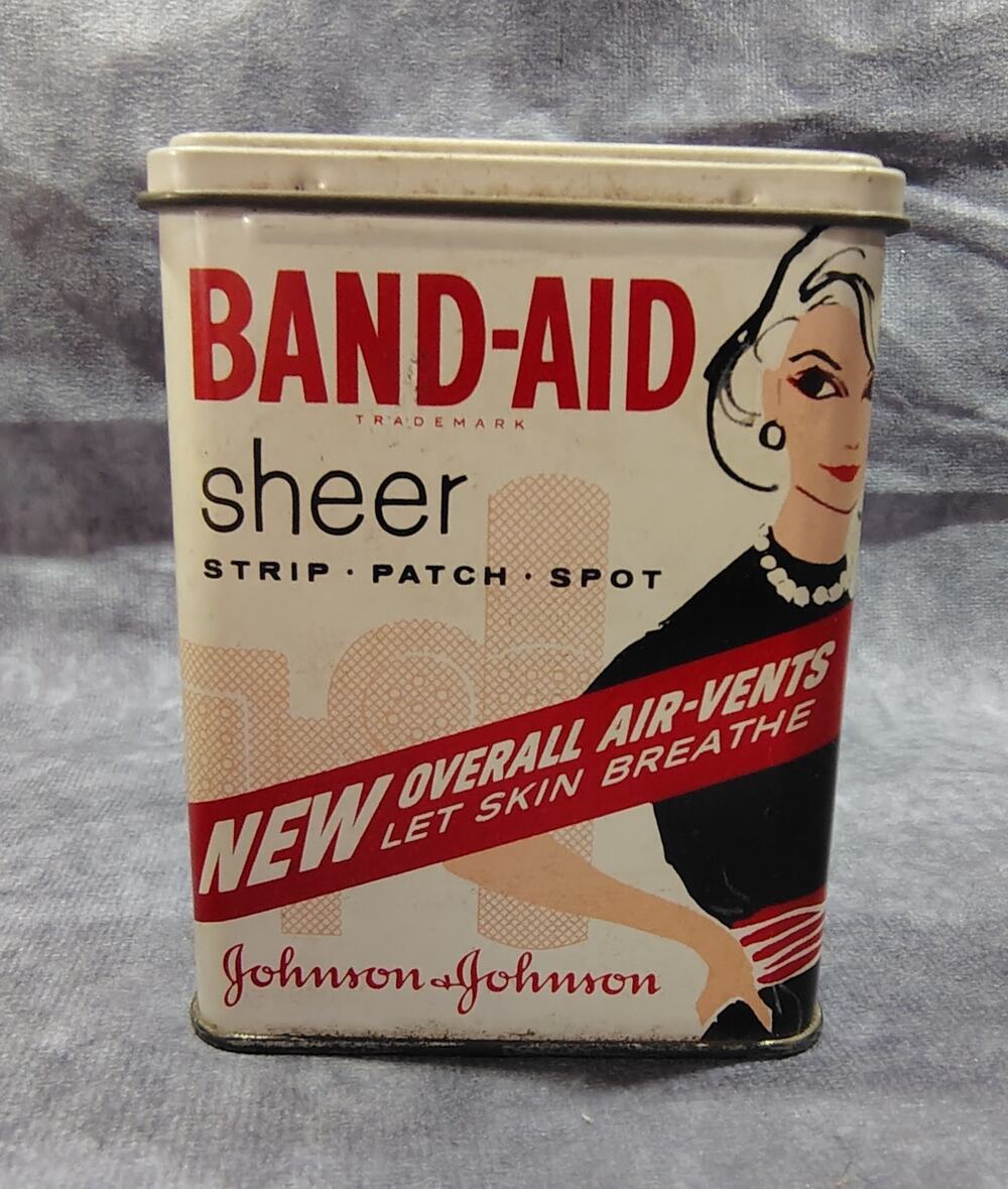 Vintage Johnson & Johnson Band-Aid Sheer Strips Tin Box w/Woman in Blue Dress